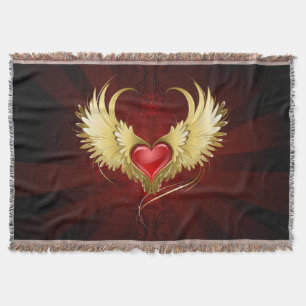 Red Heart with Golden Wings Throw Blanket