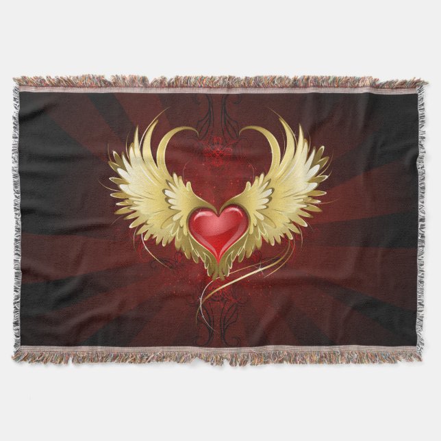 Red Heart with Golden Wings Throw Blanket (Front)