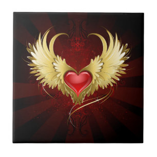 Red Heart with Golden Wings Tile