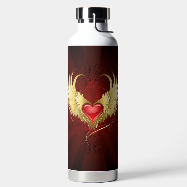 Red Heart with Golden Wings Water Bottle (Left)