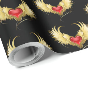 Red Heart with Golden Wings Wrapping Paper