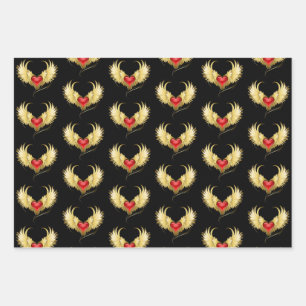 Red Heart with Golden Wings Wrapping Paper Sheet