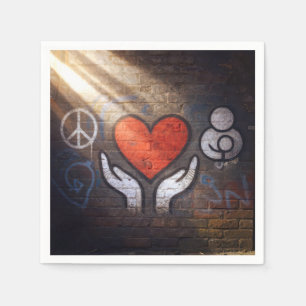 Red Heart with Hands Graffiti On a Brick Wall Napkin
