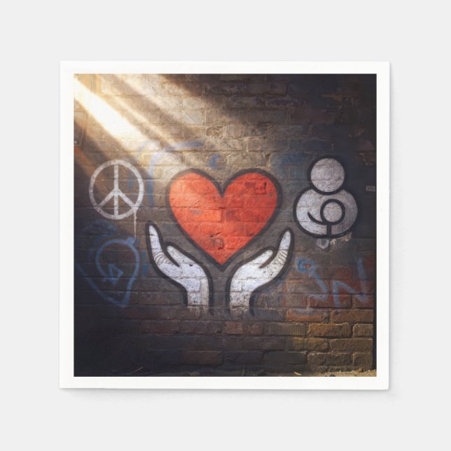 Red Heart with Hands Graffiti On a Brick Wall Napkin (Front)