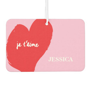 Red heart with je t’aime-text on pink background car air freshener