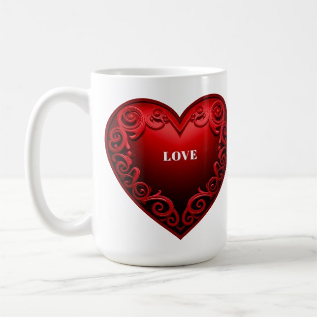 Red Heart With Ornate Swirl Border  Coffee Mug (Left)