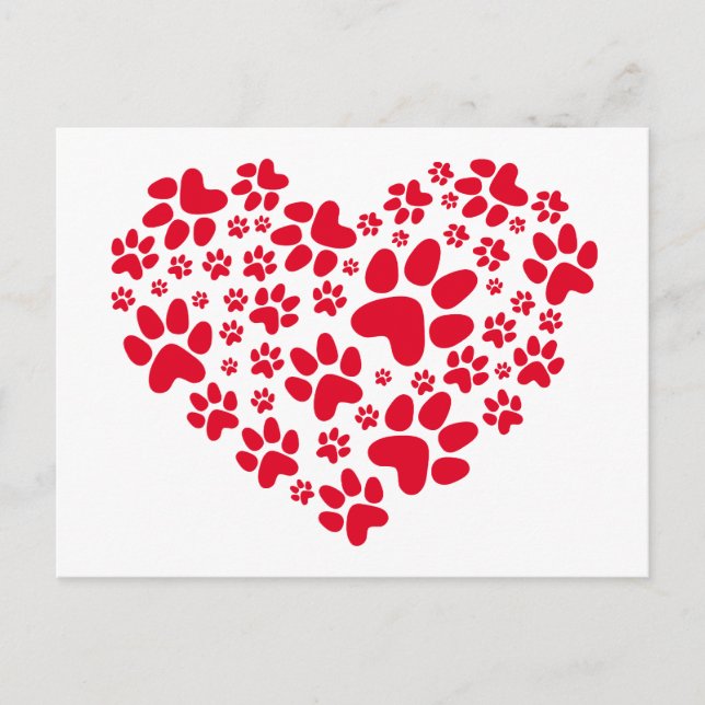 red heart with paws, animal foodprint pattern postcard (Front)