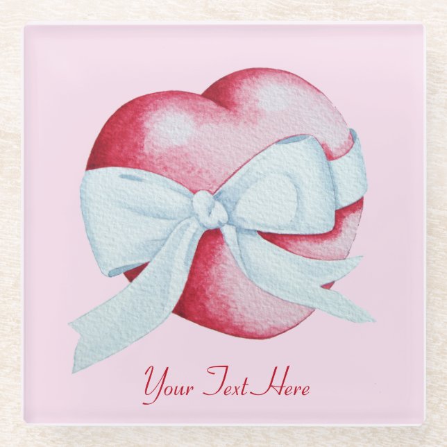 red heart with white bow original art design glass coaster (Front)