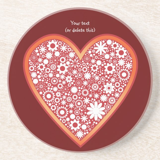 Red heart with white flowers coaster (Front)