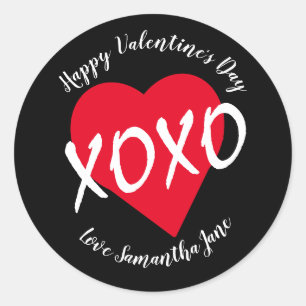 Red Heart XOXO Valentine's Day Modern Black Classic Round Sticker