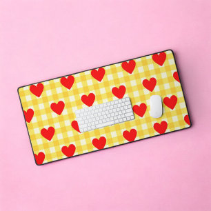 Red Heart Yellow Gingham Valentine's Day Desk Mat