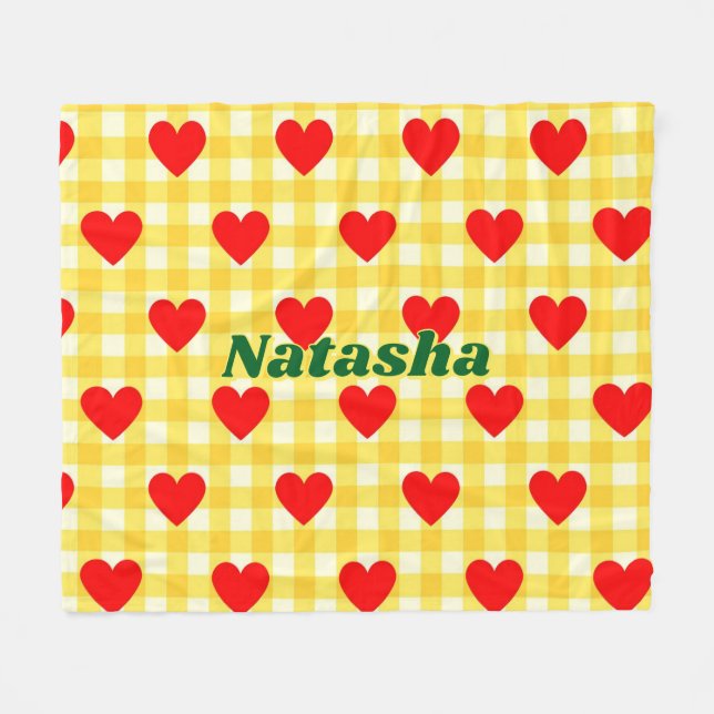 Red Heart Yellow Gingham Valentine's Day Gift Fleece Blanket (Front (Horizontal))