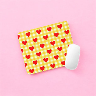 Red Heart Yellow Gingham Valentine's Day Mouse Mat