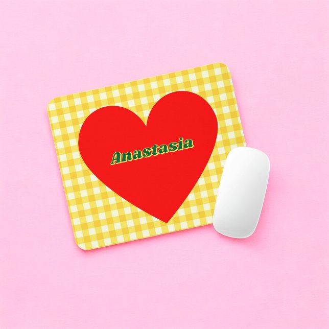 Red Heart Yellow Gingham Valentine's Day Mouse Mat (Red Heart Yellow Gingham Valentine's Day Mouse Pad)