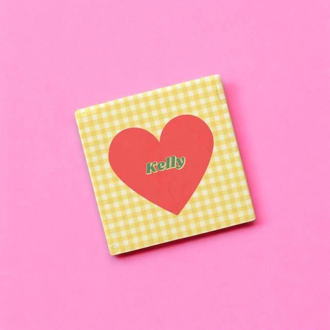 Red Heart Yellow Gingham Valentine's Day Stone Coaster (Red Heart Yellow Gingham Valentine's Day Stone Coaster)