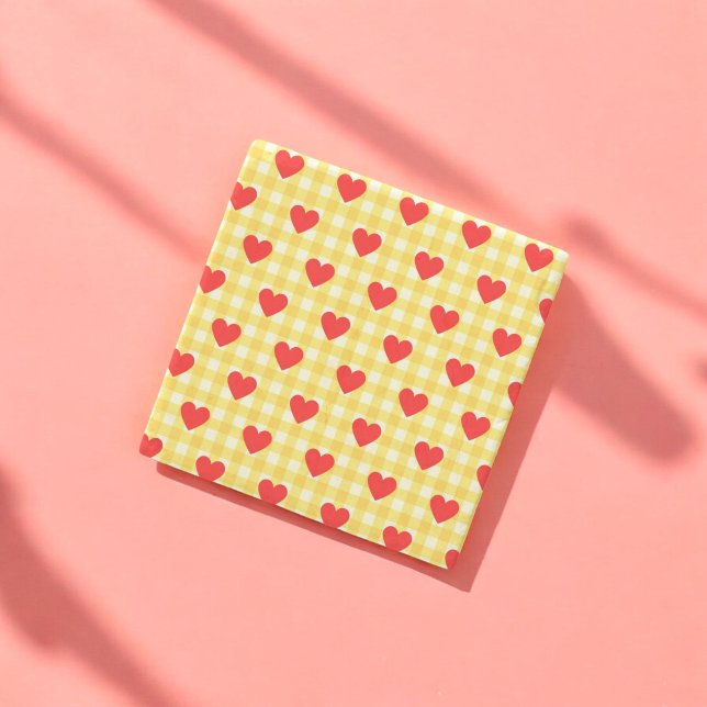 Red Heart Yellow Gingham Valentine's Day Stone Coaster (Red Heart Yellow Gingham Valentine's Day Stone Coaster)