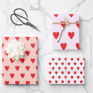 Red Hearts Abstract Hand Drawn Boho Style Pattern Wrapping Paper Sheet