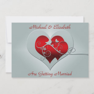 Red hearts and birds on Silver Wedding invitation