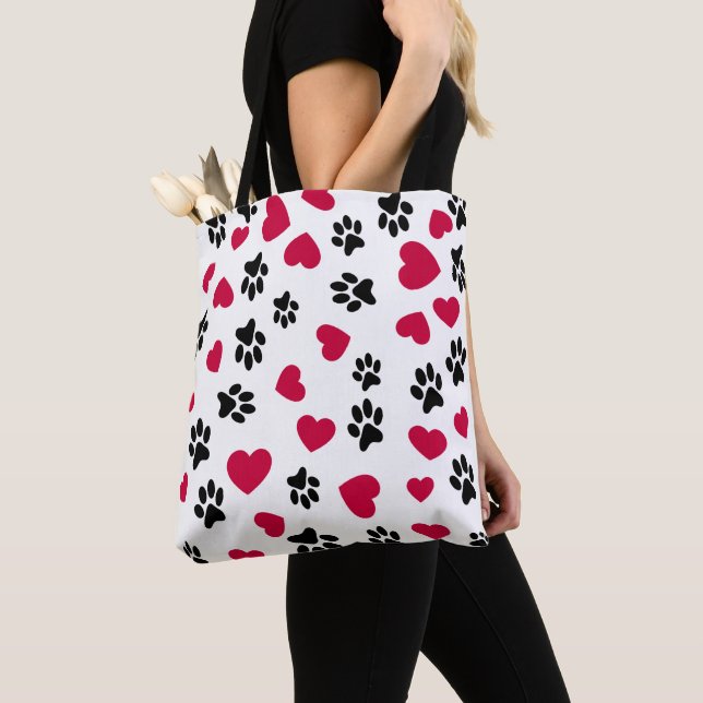 Red Hearts and Black Cat Paw Prints Tote Bag (Close Up)