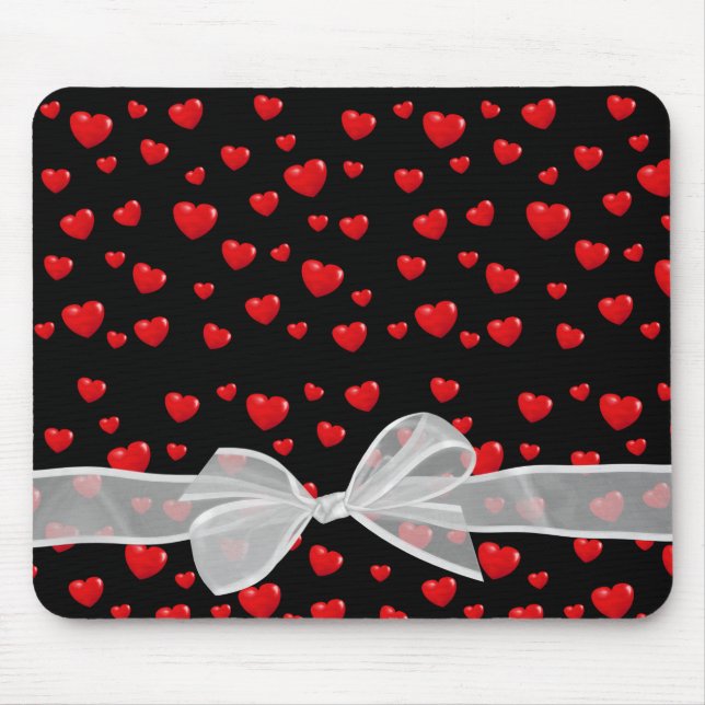 red hearts and bow on black mouse mat (Front)