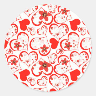 Red hearts and flowers on a white classic round sticker