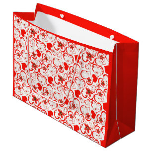 Red hearts and flowers on a white large gift bag
