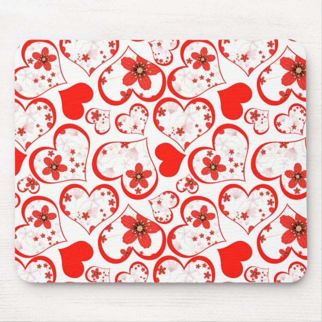 Red hearts and flowers on a white mouse mat (Front)