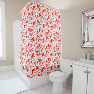 Red hearts and flowers on a white shower curtain