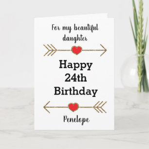 Red Hearts and Gold 24th Birthday Card