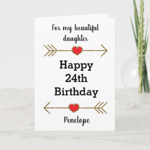 Red Hearts and Gold 24th Birthday Card