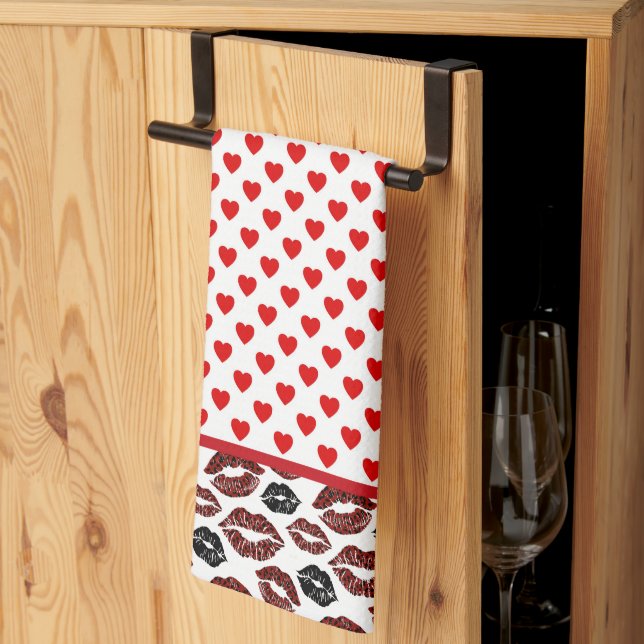 Red Hearts And Kisses  Tea Towel (Thirds Fold)