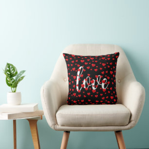 Red Hearts and Love Text On Black Cushion