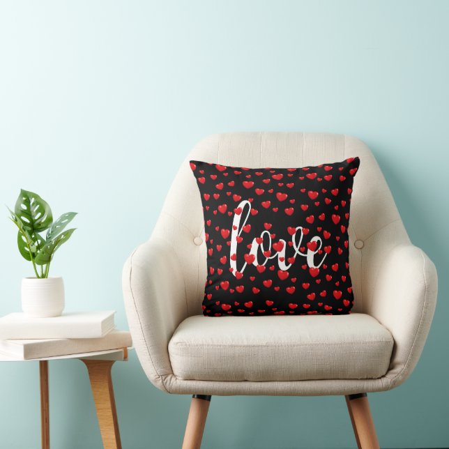 Red Hearts and Love Text On Black Cushion (Chair)
