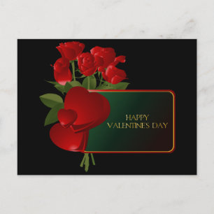 Red Hearts and Roses on Black Valentine Postcard