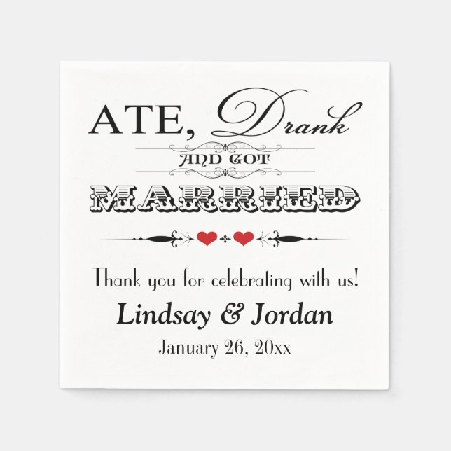 Red Hearts and Scrolls Wedding Napkins (Front)