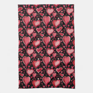 Red Hearts Artistic Pattern Valentine`s Day  Tea Towel
