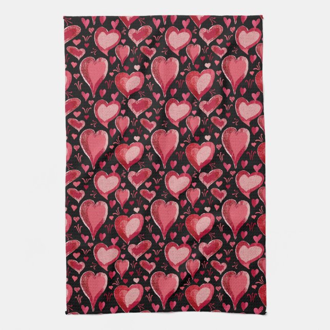 Red Hearts Artistic Pattern Valentine`s Day  Tea Towel (Vertical)