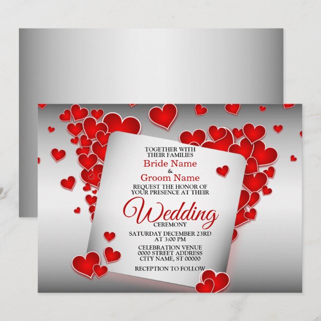 Red Hearts Beautiful Wedding Invitation (Front/Back)