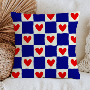 Red Hearts Blue Squares Chequered Eclectic Cushion