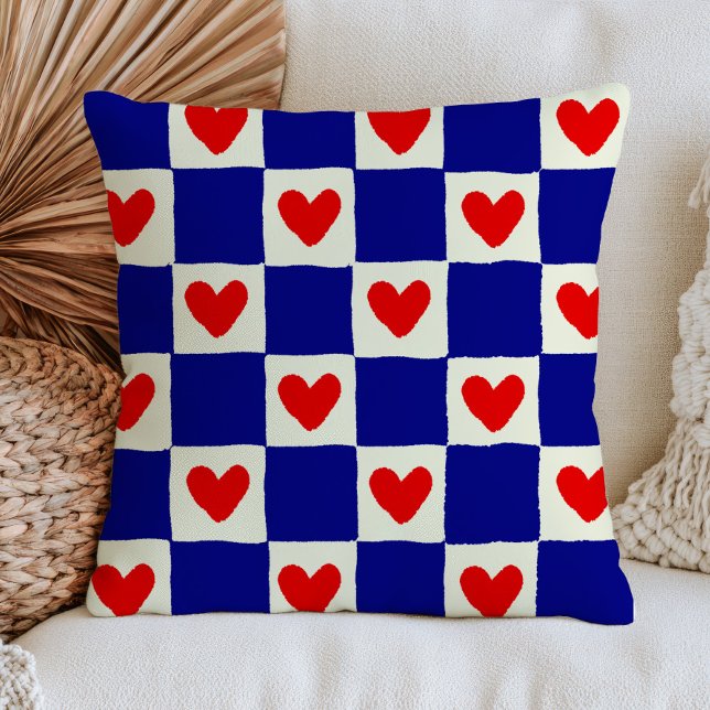 Red Hearts Blue Squares Chequered Eclectic  Cushion (Creator Uploaded)