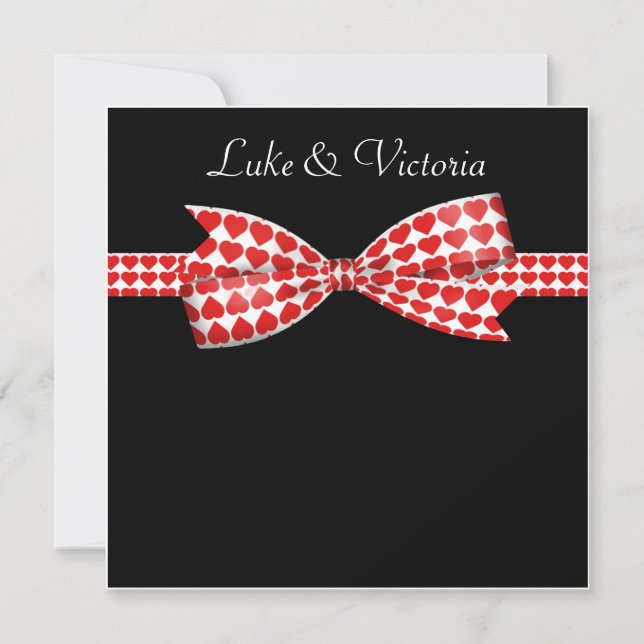 Red Hearts Bow On Black Wedding Invitation (Front)