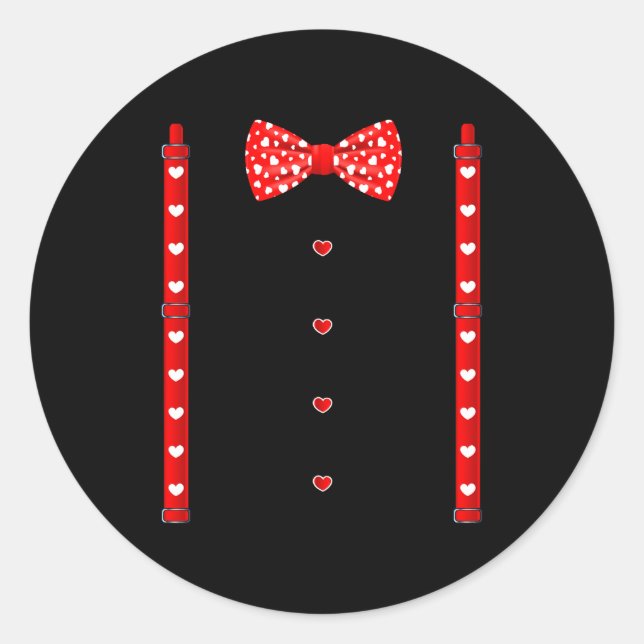 Red Hearts Bow Tie Suspenders Valentines Day Costu Classic Round Sticker (Front)