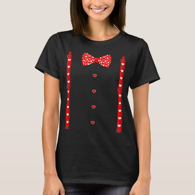 Red Hearts Bow Tie Suspenders Valentines Day Costu T-Shirt (Front)