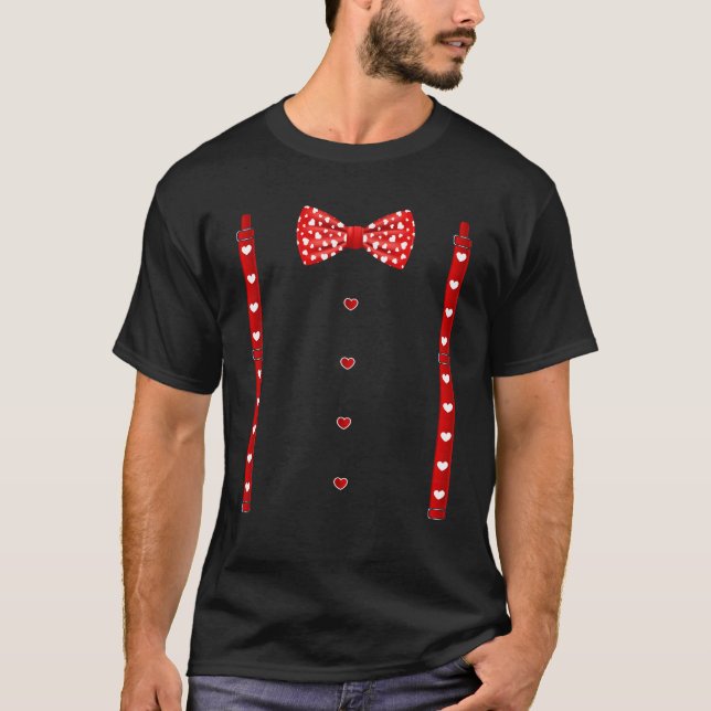 Red Hearts Bow Tie Suspenders Valentines Day Costu T-Shirt (Front)