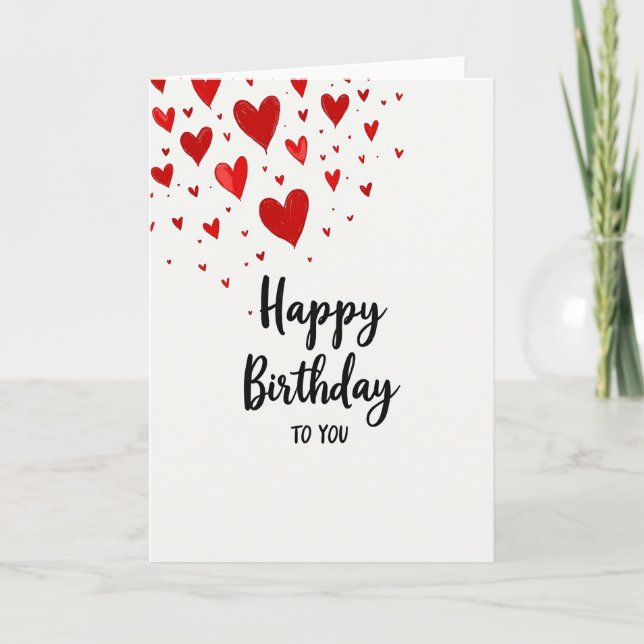 Red Hearts Brush Script Birthday Card (Front)