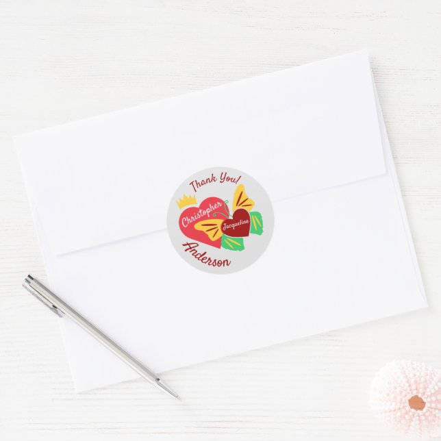Red Hearts, Butterfly Thank You Classic Round Sticker (Envelope)