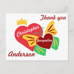 Red Hearts, Butterfly Thank You Postcard