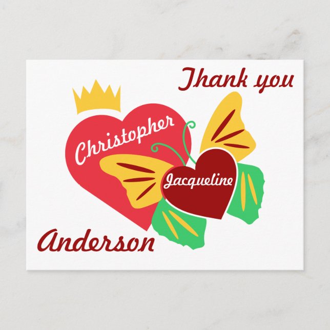 Red Hearts, Butterfly Thank You Postcard (Front)