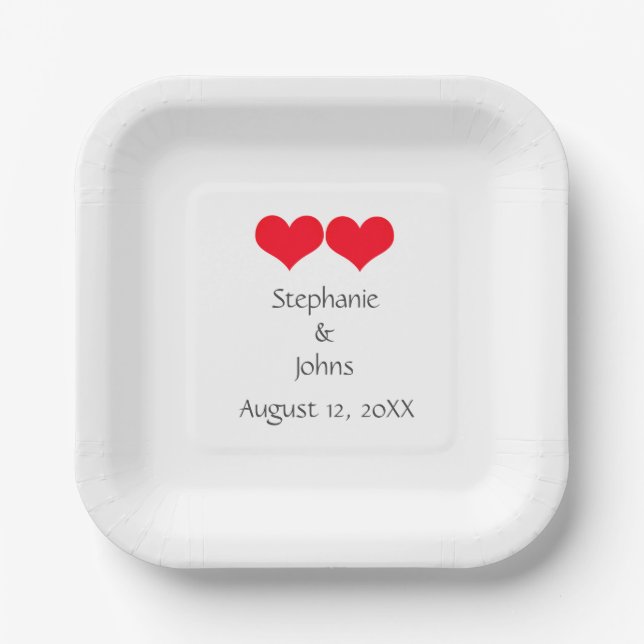 Red Hearts Cute Couple Wedding 2023 Valentines Day Paper Plate (Front)