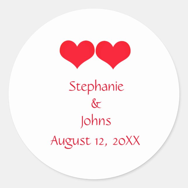 Red Hearts Cute Couple Wedding Engagement Romantic Classic Round Sticker (Front)